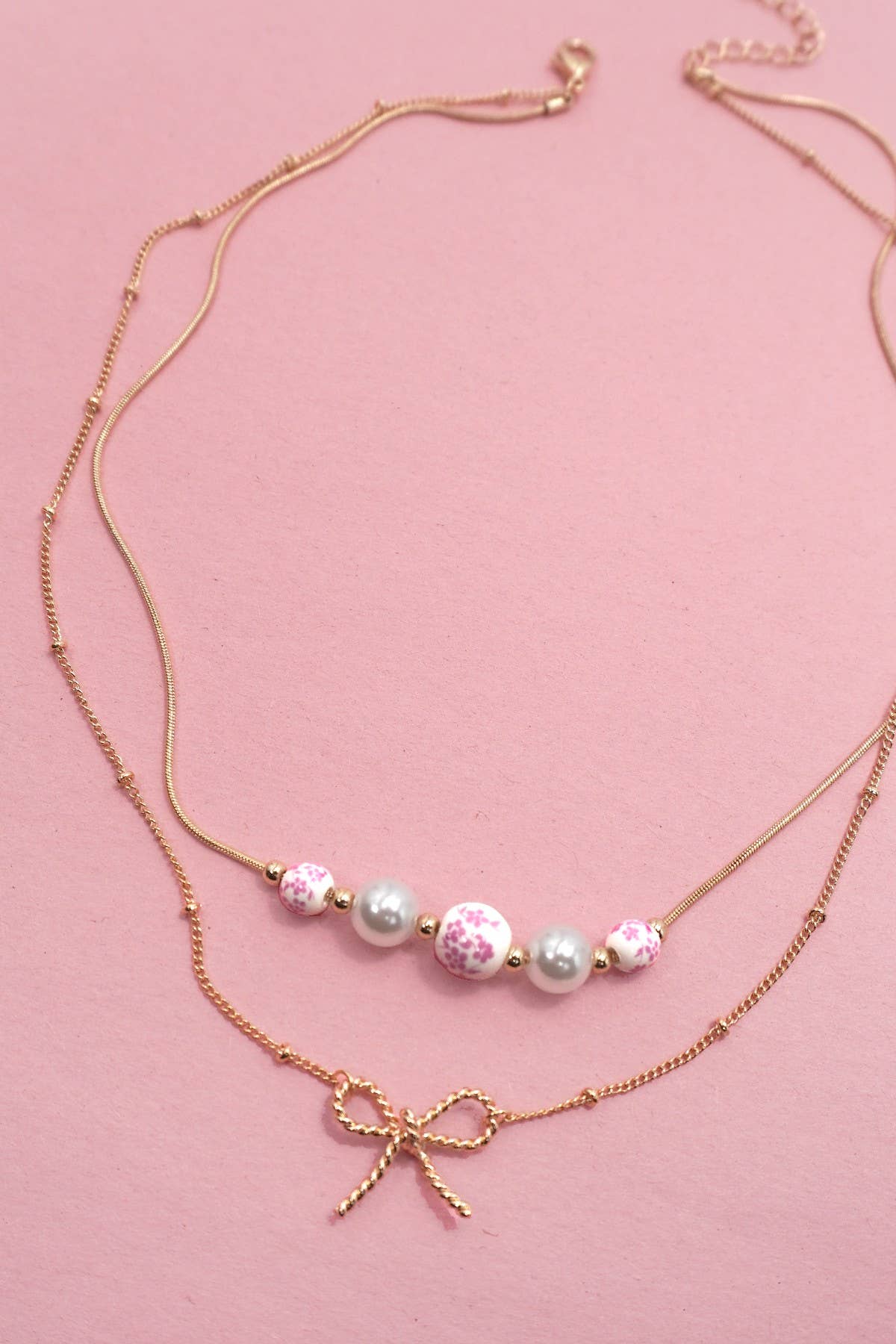PINK CERAMIC PORCELAIN PEARL BOW LAYER NECKLACE | 80N91556: Gold