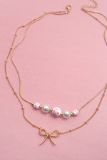 Load image into Gallery viewer, PINK CERAMIC PORCELAIN PEARL BOW LAYER NECKLACE | 80N91556: Gold
