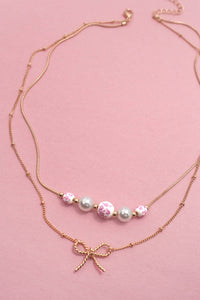 PINK CERAMIC PORCELAIN PEARL BOW LAYER NECKLACE | 80N91556: Gold