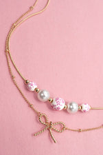 Load image into Gallery viewer, PINK CERAMIC PORCELAIN PEARL BOW LAYER NECKLACE | 80N91556: Gold
