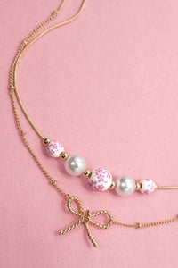 PINK CERAMIC PORCELAIN PEARL BOW LAYER NECKLACE | 80N91556: Gold