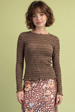 Load image into Gallery viewer, Brown Lace Ruffle Slim Top
